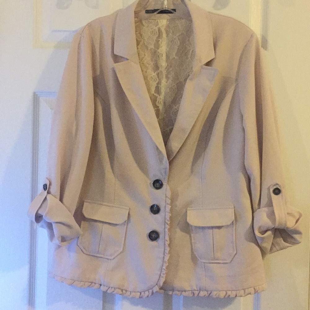Light blush colored blazer with lace detail